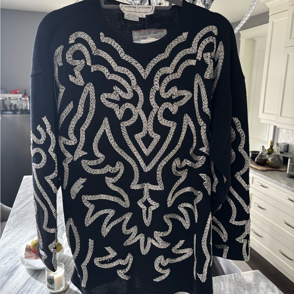 Adrienne Vittadini Black and Silver Patterned Sweater beaded on wool size large